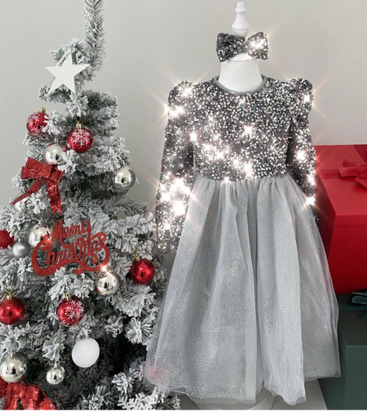 2022 nuovi abiti rossi di Natale per le ragazze inverno manica lunga per bambini festa in costume da principessa 38 anni paillet