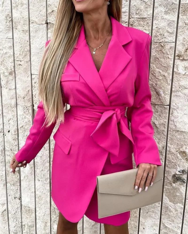 2022 Primavera Autunno Moda Donna Manica Lunga Risvolto Vestito Vestito Elegante Vita Lace Up Mini Vestito Delle Signore Casual
