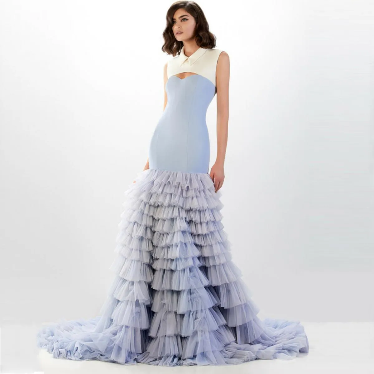 2024 Couture Dusty Blue Sirena Ruffle Abiti da sera 2 colori Abito formale con colletto Abito da ballo unico Abiti Para Muj