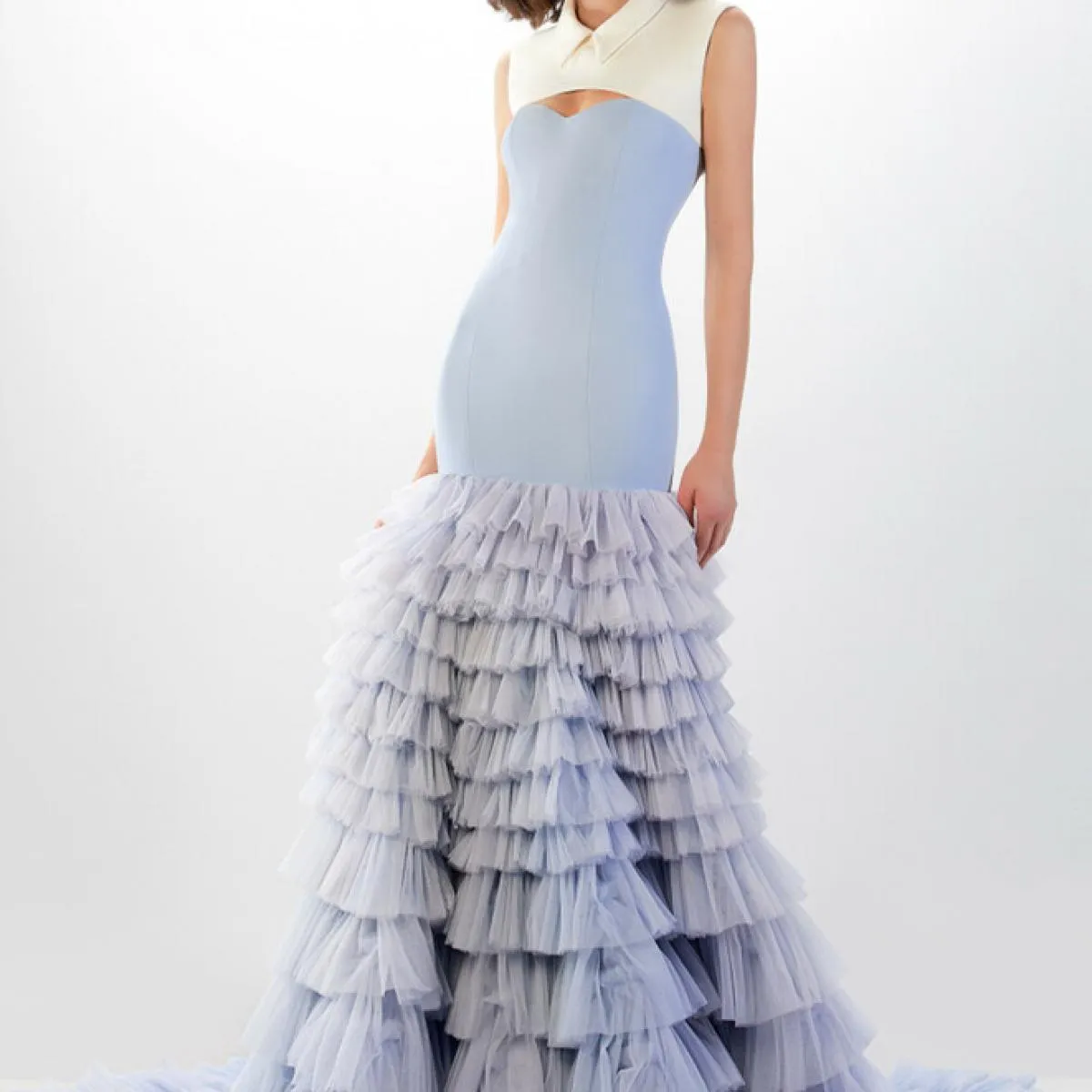 2024 Couture Dusty Blue Sirena Ruffle Abiti da sera 2 colori Abito formale con colletto Abito da ballo unico Abiti Para Muj