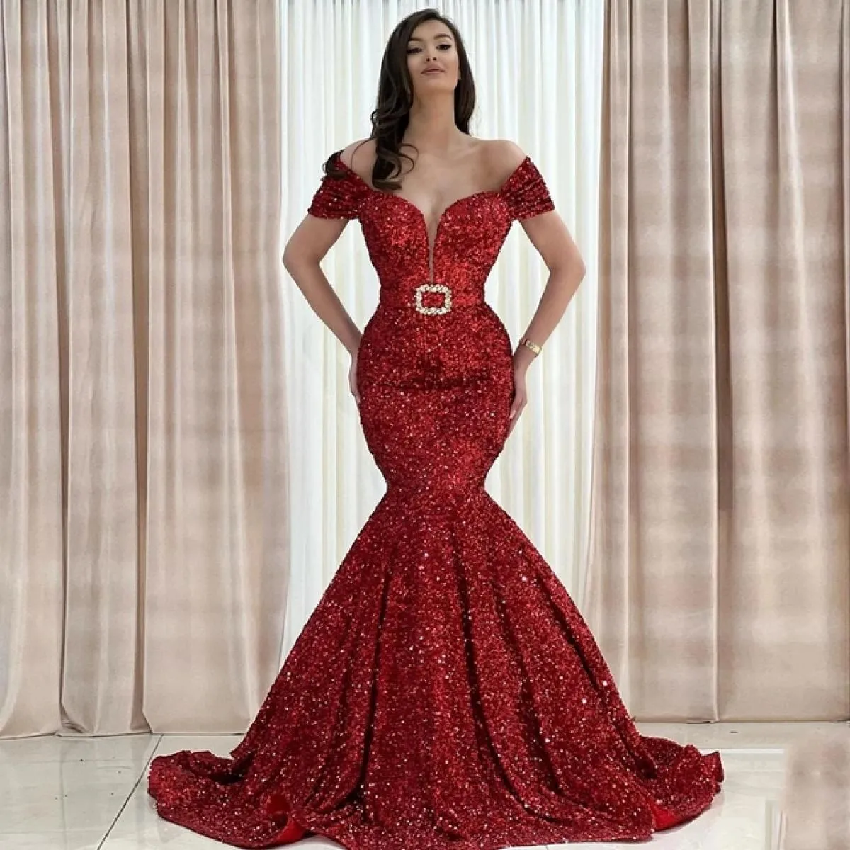 Abiti da sera con paillettes rossi lunghi 2023 con spalle scoperte sirena da donna abiti da ballo formale da sera cintura Met Ga