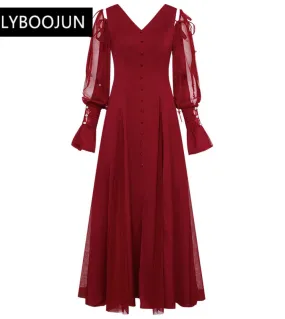 Abiti lunghi rossi eleganti per abito da sera da festa con maniche svasate in maglia con scollo a V da donna 2023 nuova passerel