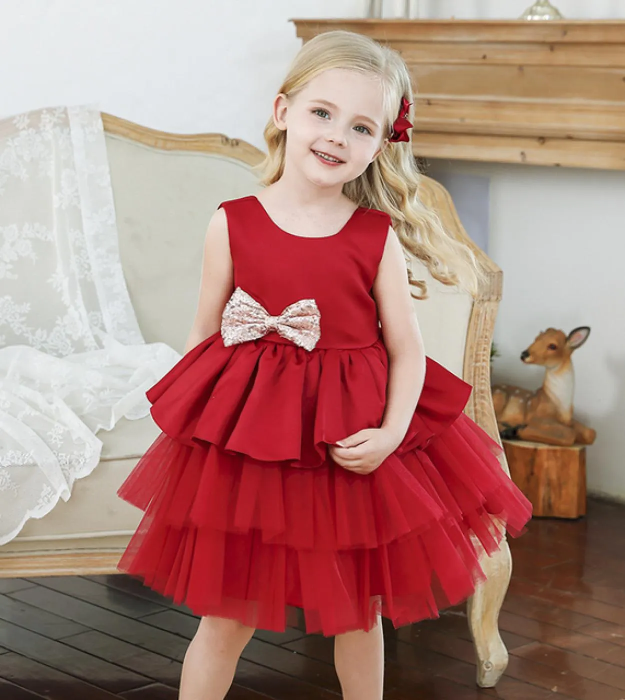 Abiti per bambini rossi per ragazza Abiti da cerimonia per feste Tutu Paillettes dorate Fiocco Ragazza di fiori Abito da sposa N