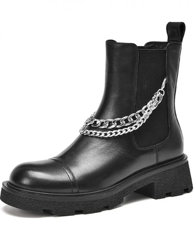 Beautoday Stivaletti Chelsea Donna Vera Pelle di Mucca Piattaforma Bootie Fascia Elastica Catena di Metallo Scarpe da Donna Fatt