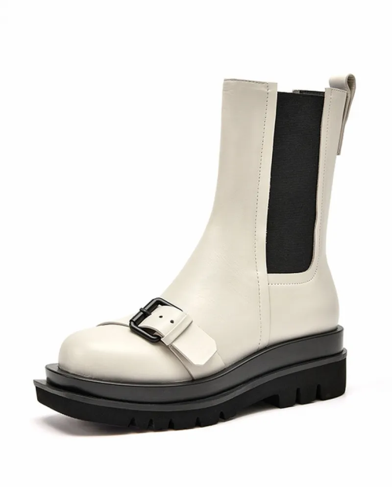 Beautoday Stivaletti Piattaforma Donna Pelle di Mucca Chelsea Punta Rotonda Fibbia Cinturino Decor Slip On Street Style Scarpe d