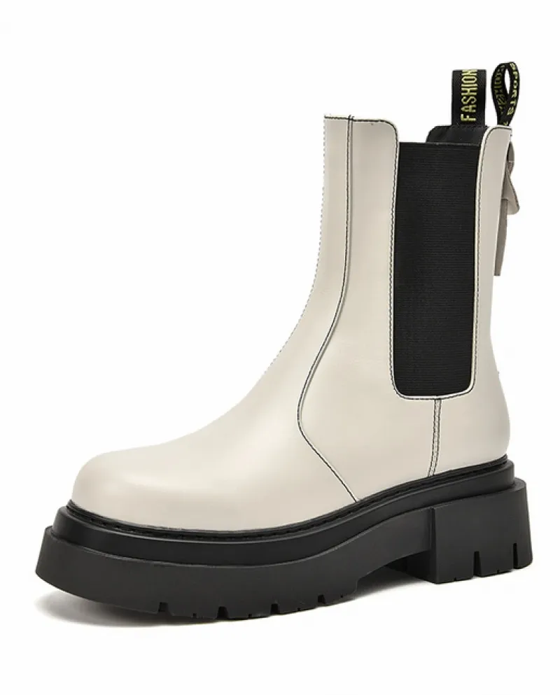 Beautoday Stivali con plateau Chelsea Donna in pelle di mucca con cerniera posteriore Stivaletti alla caviglia con suola spessa