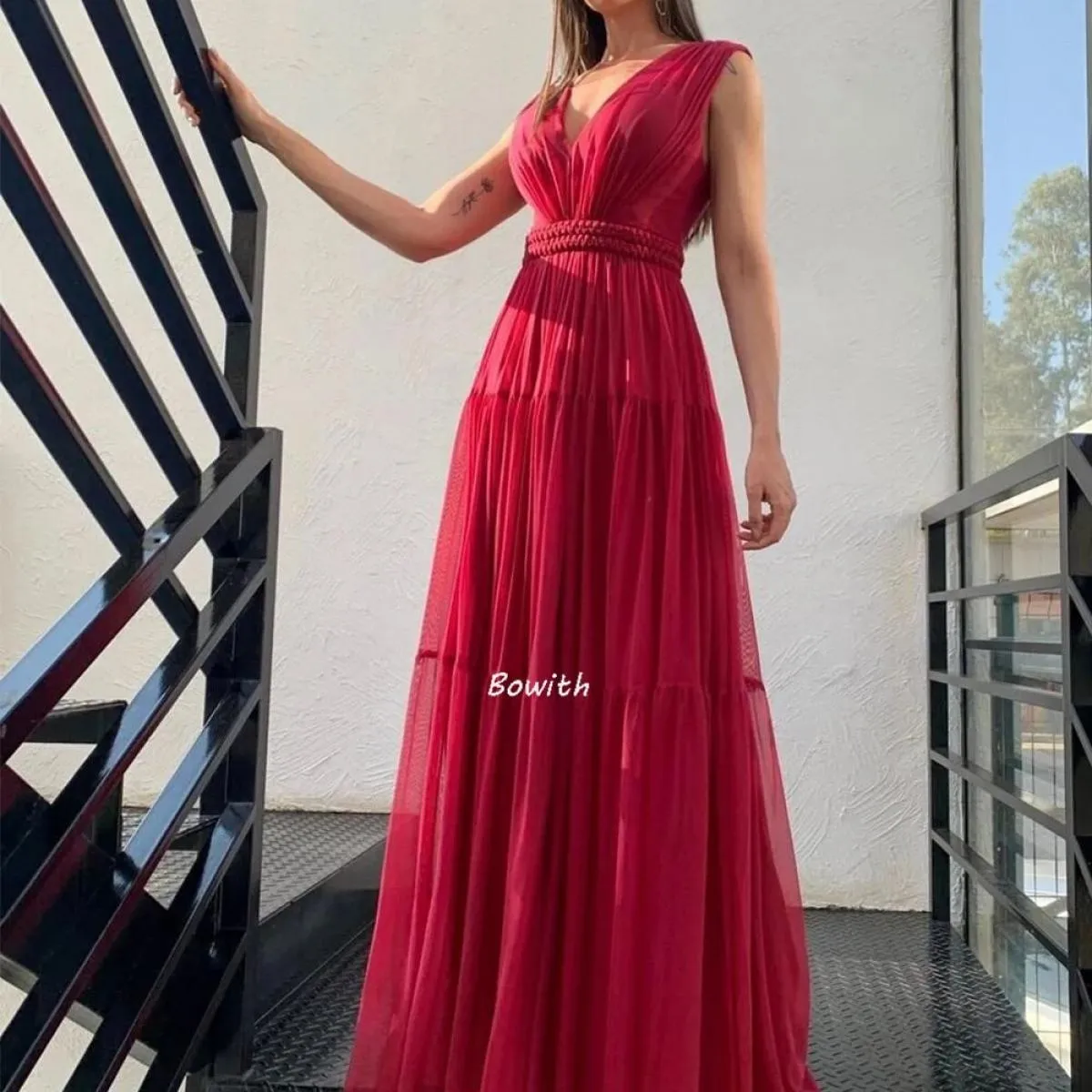 Bowith Abiti da sera rossi 2022 Abito lungo da festa per le donne con cintura Abito da festa Eleganti abiti da ballo di Natale R