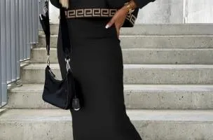 Completo elegante con top ampio e gonna attillata, nero