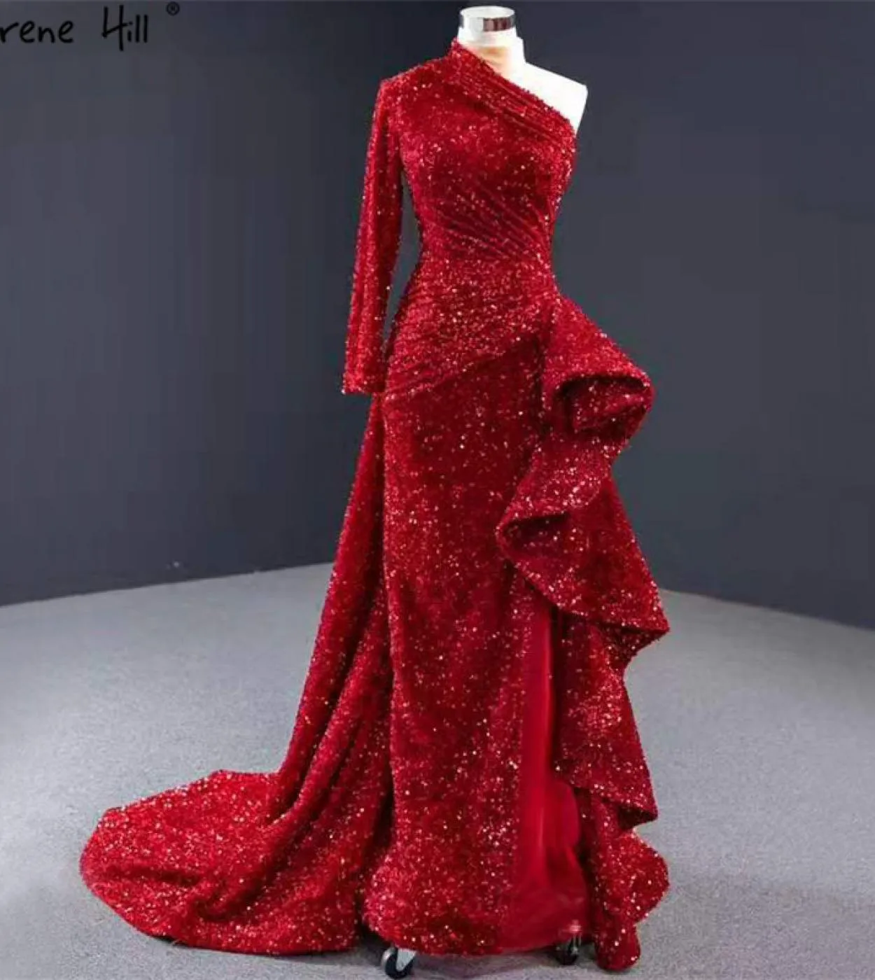 Dubai Luxury One Shoulder Abiti da sera rossi Abito da sera con paillettes Sparkle Mermaid Fromal Serene Hill Hm67056 Abito da s