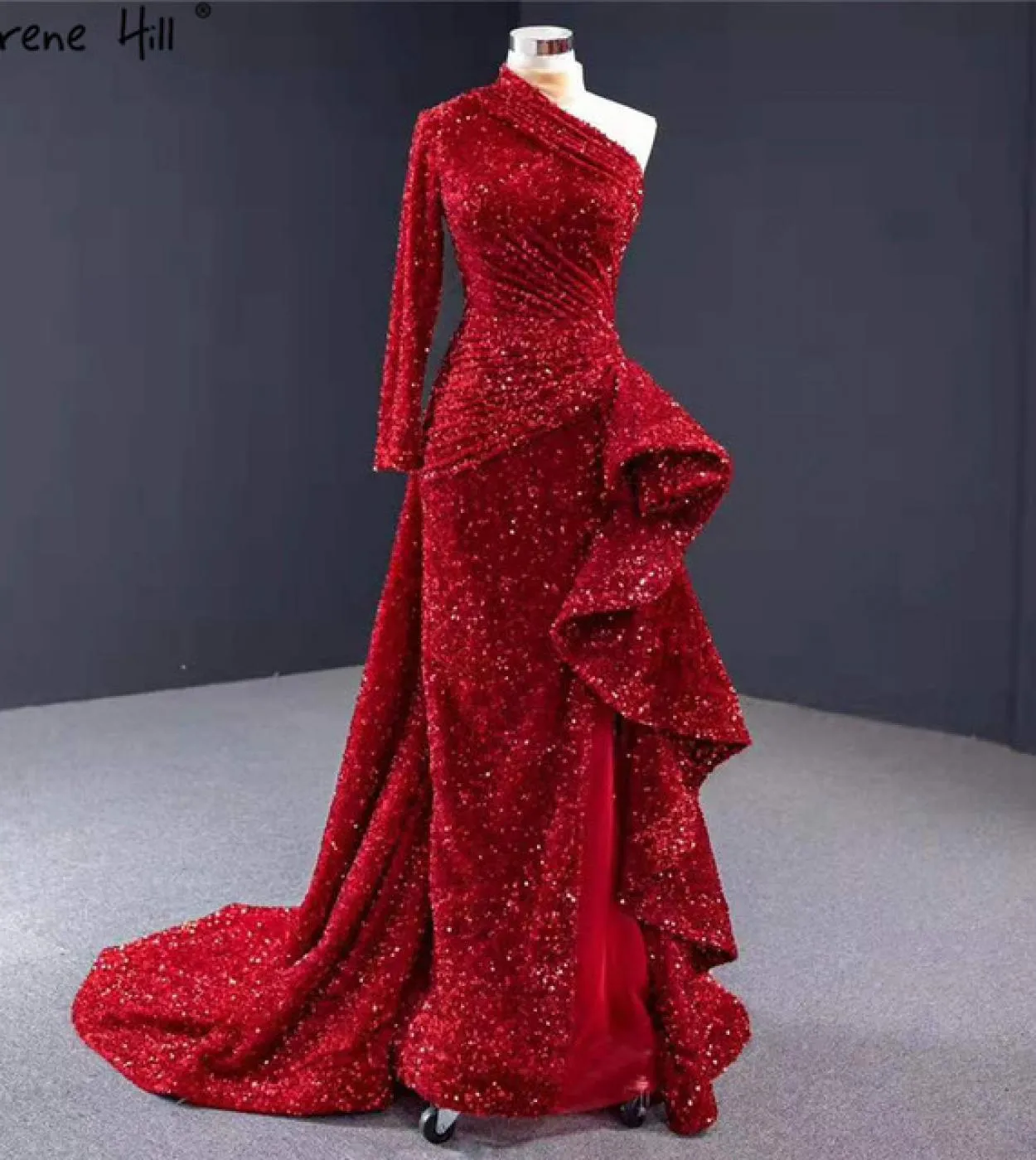 Dubai Luxury One Shoulder Abiti da sera rossi Abito da sera con paillettes Sparkle Mermaid Fromal Serene Hill Hm67056 Abito da s