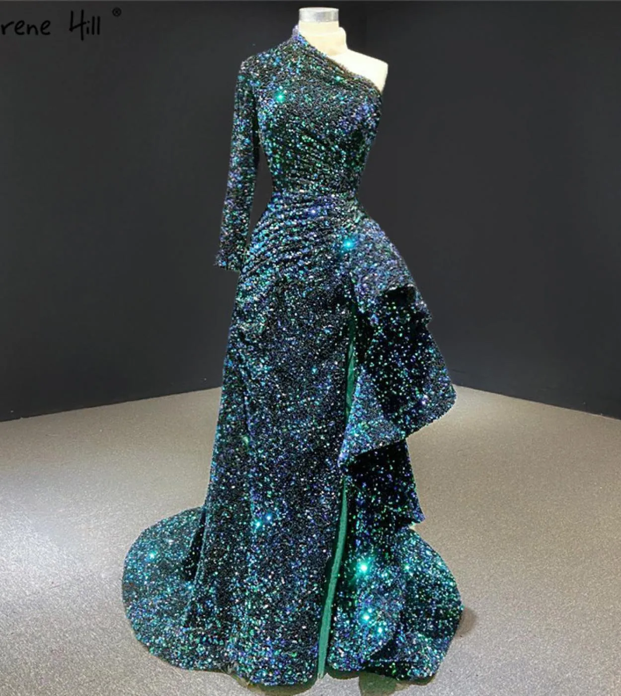 Dubai Luxury One Shoulder Abiti da sera rossi Abito da sera con paillettes Sparkle Mermaid Fromal Serene Hill Hm67056 Abito da s