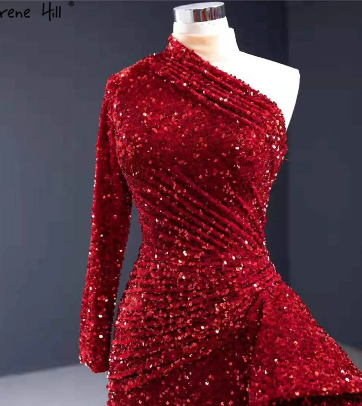 Dubai Luxury One Shoulder Abiti da sera rossi Abito da sera con paillettes Sparkle Mermaid Fromal Serene Hill Hm67056 Abito da s