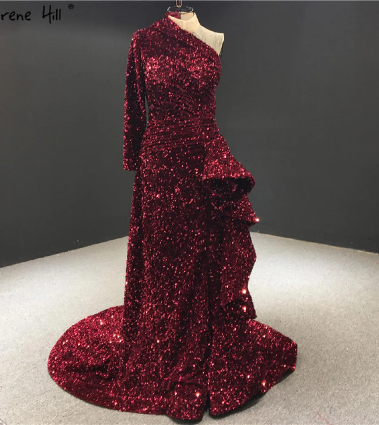 Dubai Luxury One Shoulder Abiti da sera rossi Abito da sera con paillettes Sparkle Mermaid Fromal Serene Hill Hm67056 Abito da s