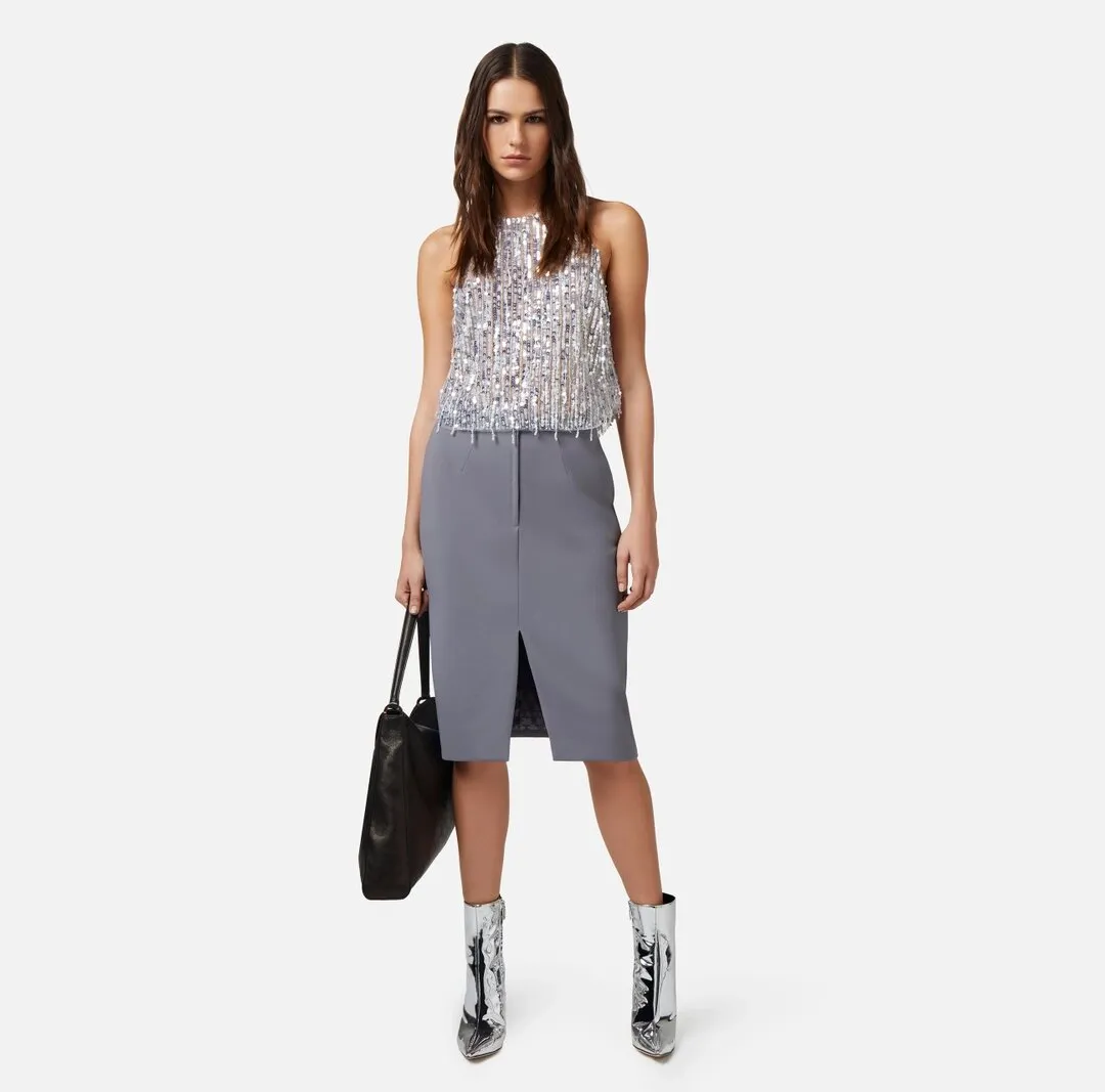 ELISABETTA FRANCHI Top cropped in tulle con frange di perline e paillettes