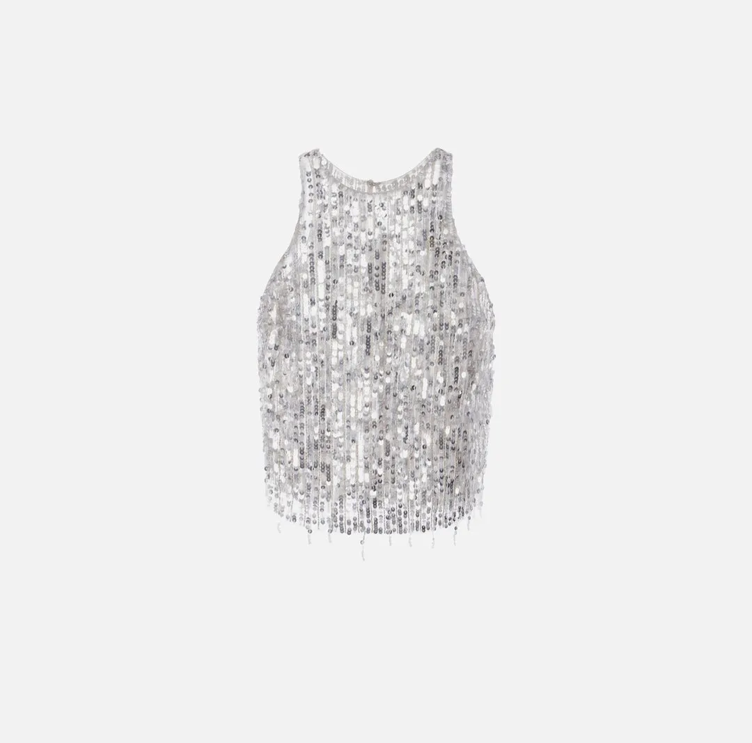 ELISABETTA FRANCHI Top cropped in tulle con frange di perline e paillettes