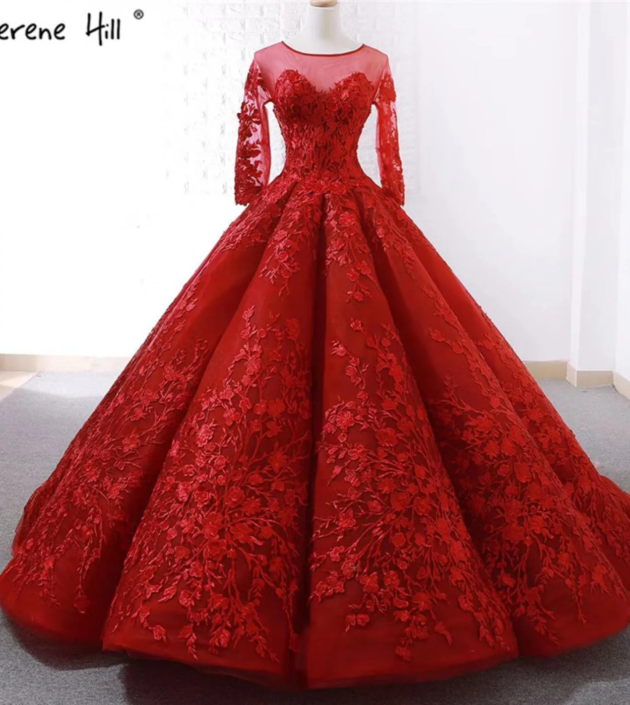 Fiori fatti a mano rossi Abiti da sposa di fascia alta Design Oneck Maniche lunghe Abiti da sposa Real Photo Hm66699 Custom Made