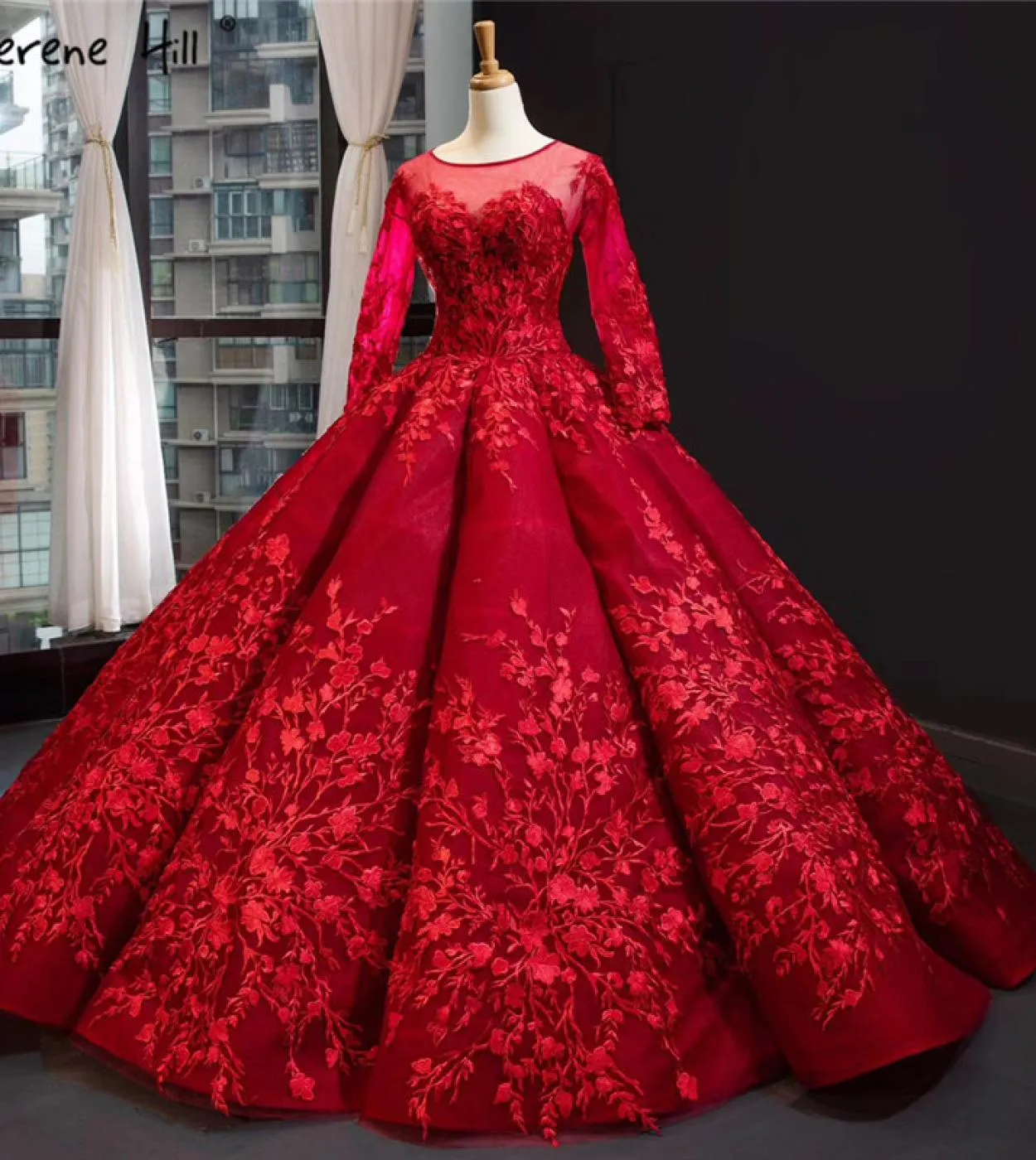 Fiori fatti a mano rossi Abiti da sposa di fascia alta Design Oneck Maniche lunghe Abiti da sposa Real Photo Hm66699 Custom Made