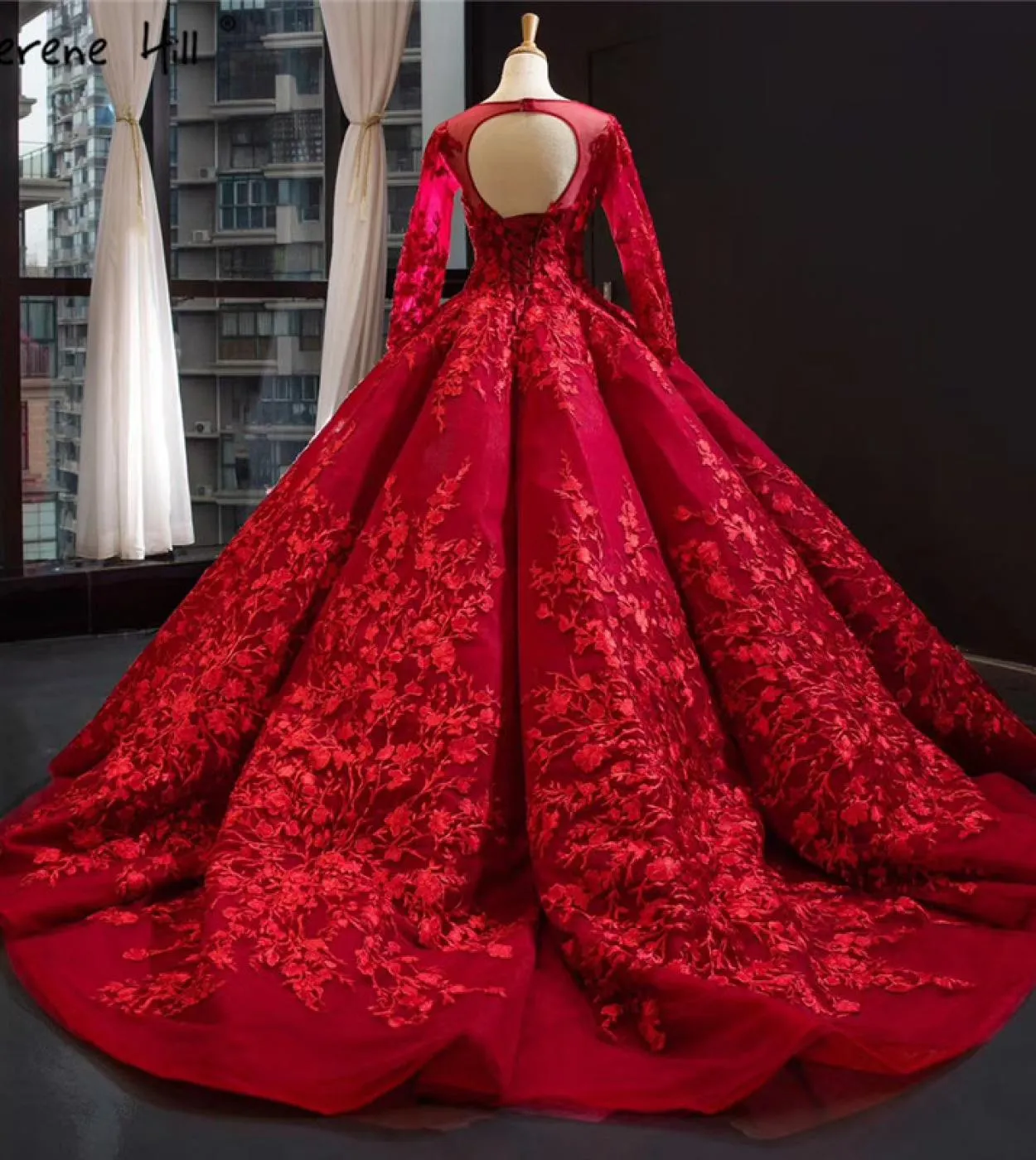 Fiori fatti a mano rossi Abiti da sposa di fascia alta Design Oneck Maniche lunghe Abiti da sposa Real Photo Hm66699 Custom Made