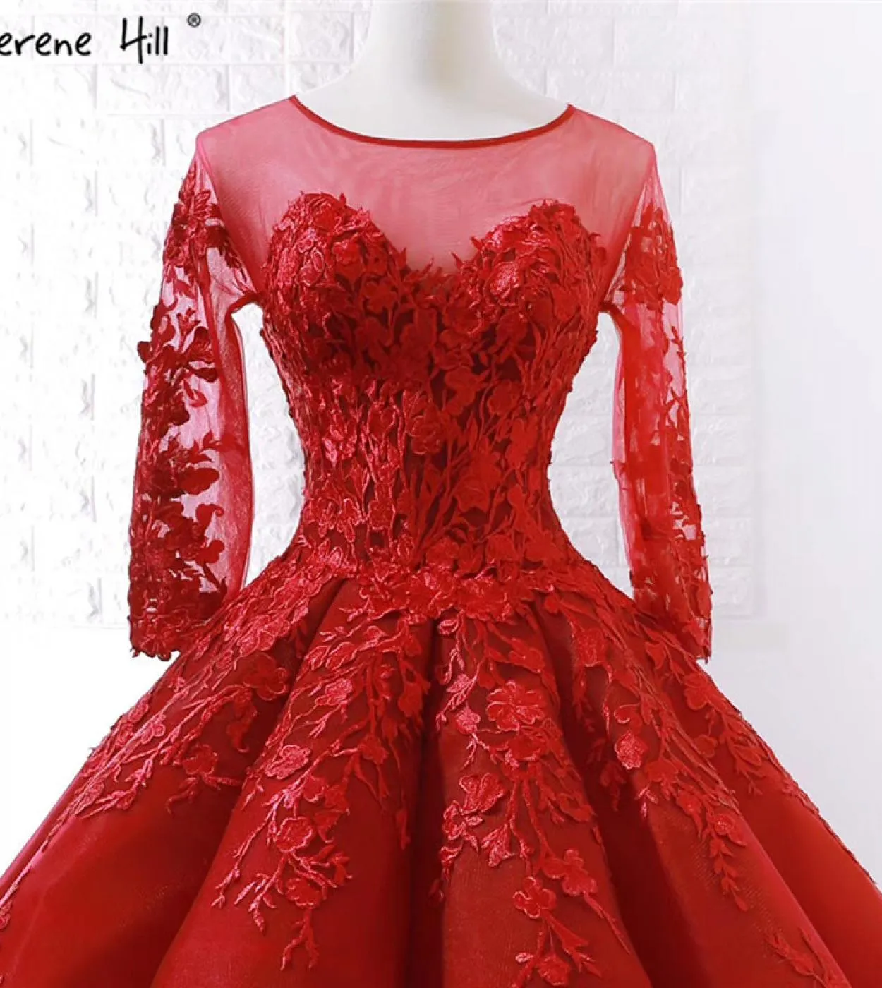 Fiori fatti a mano rossi Abiti da sposa di fascia alta Design Oneck Maniche lunghe Abiti da sposa Real Photo Hm66699 Custom Made