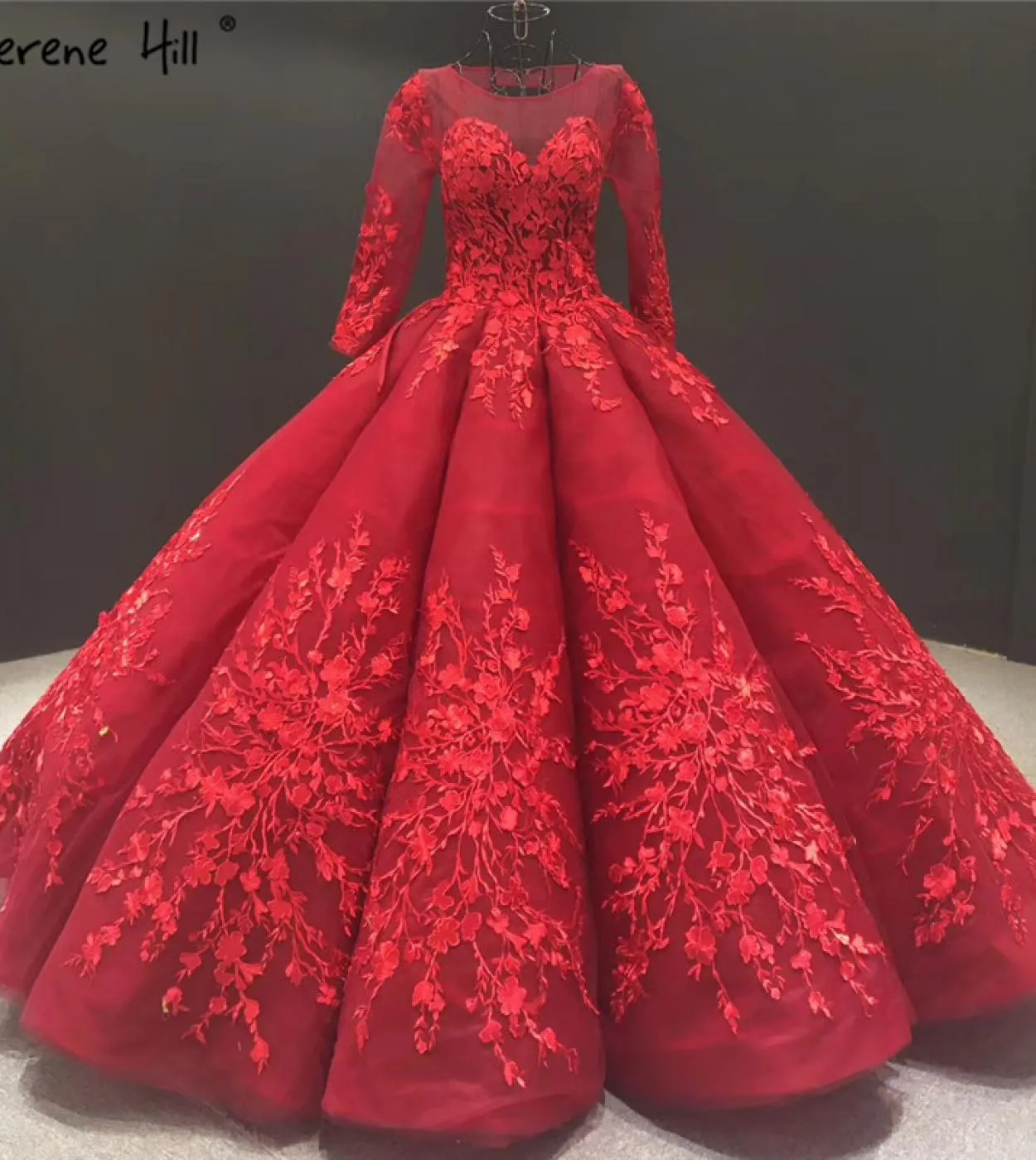 Fiori fatti a mano rossi Abiti da sposa di fascia alta Design Oneck Maniche lunghe Abiti da sposa Real Photo Hm66699 Custom Made