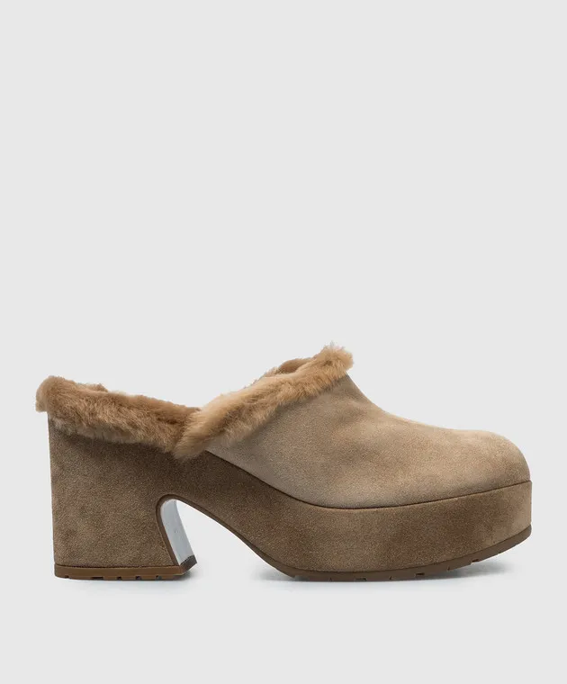 Gianvito Rossi Zoccoli Lyss in camoscio marrone con pelliccia di cammello G9169055RICVFU