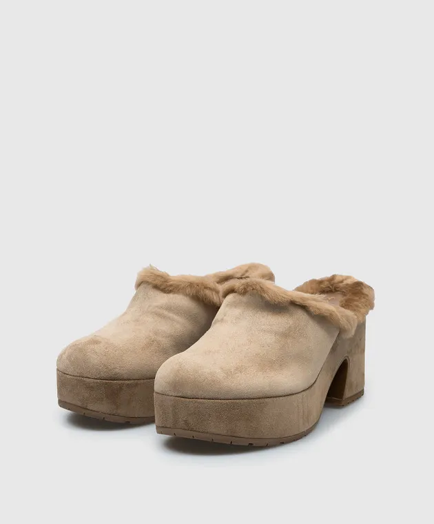 Gianvito Rossi Zoccoli Lyss in camoscio marrone con pelliccia di cammello G9169055RICVFU