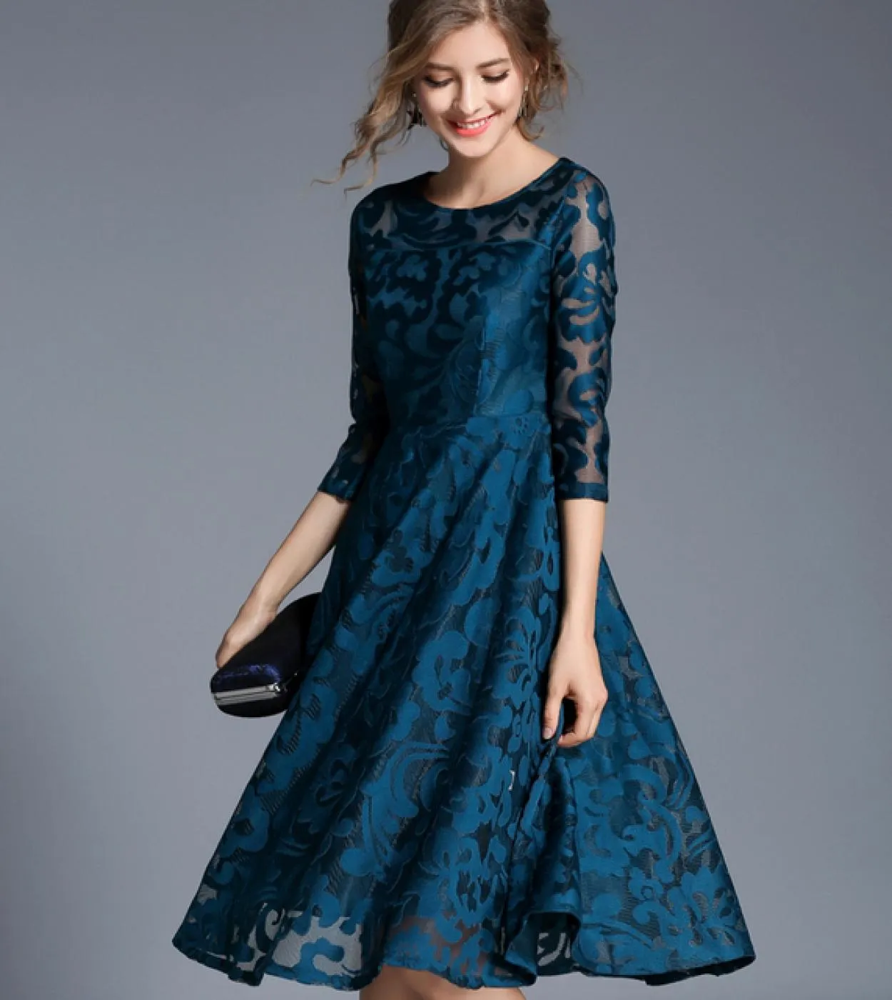 H Han Queen Autunno Abito in pizzo Lavoro Casual Slim Fashion Oneck Scava fuori Abiti blu rossi Abiti vintage da donna Aline