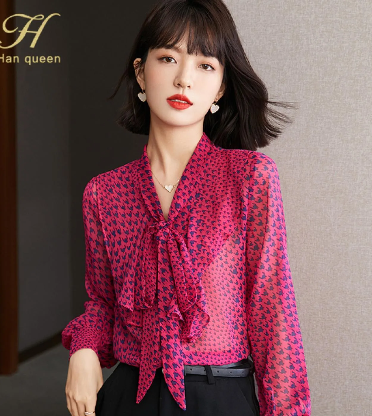 H Han Queen autunno pied de poule fiocco fiocco design ufficio Blusas top vintage eleganti camicette da donna in chiffon casual