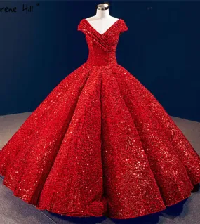 I vestiti da cerimonia nuziale rossi del Vneck della doppia spalla hanno paillettes labito nuziale di fascia alta di lusso Ha22