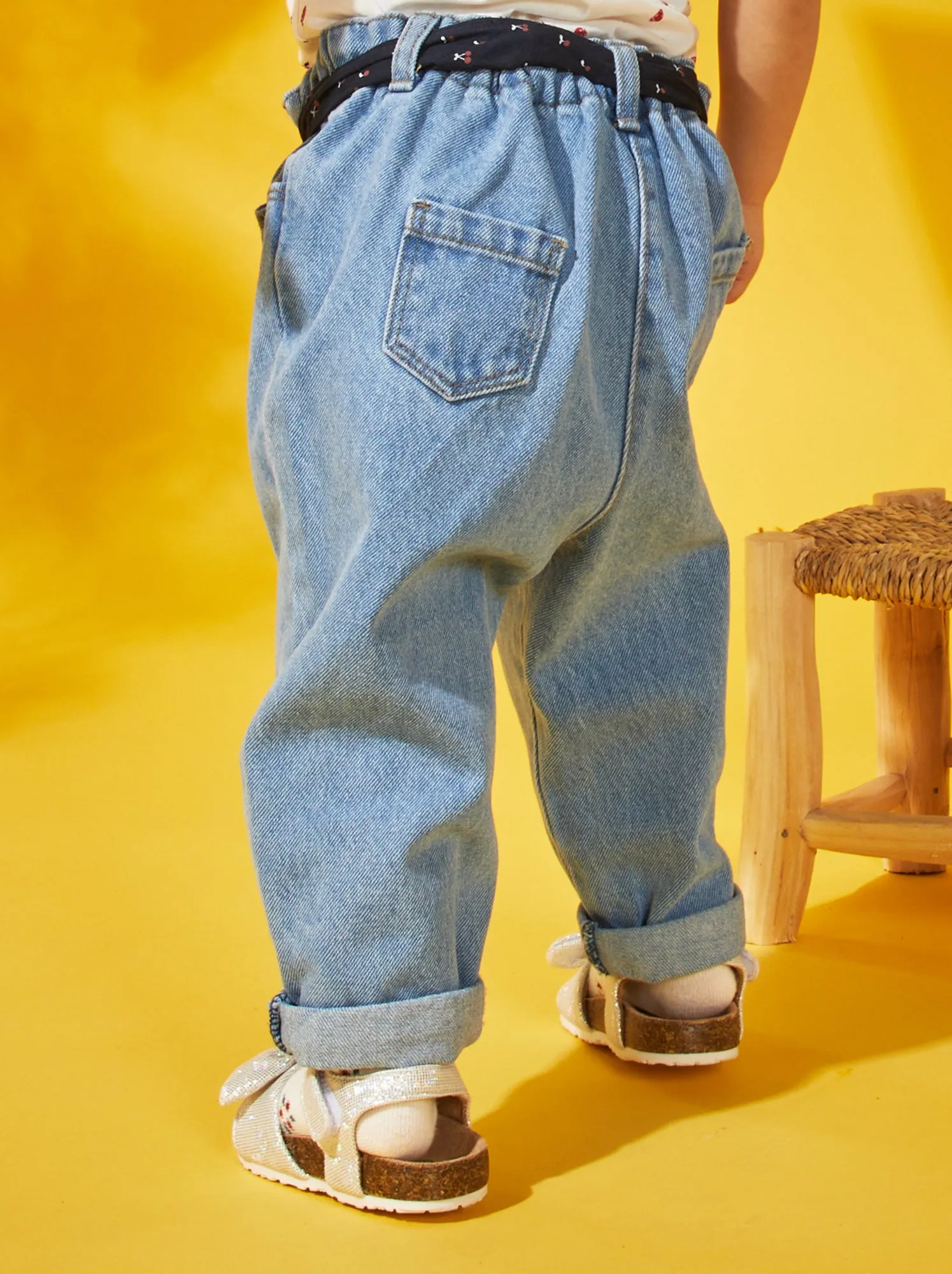 Jeans paper bag con cintura in tessuto - BLU