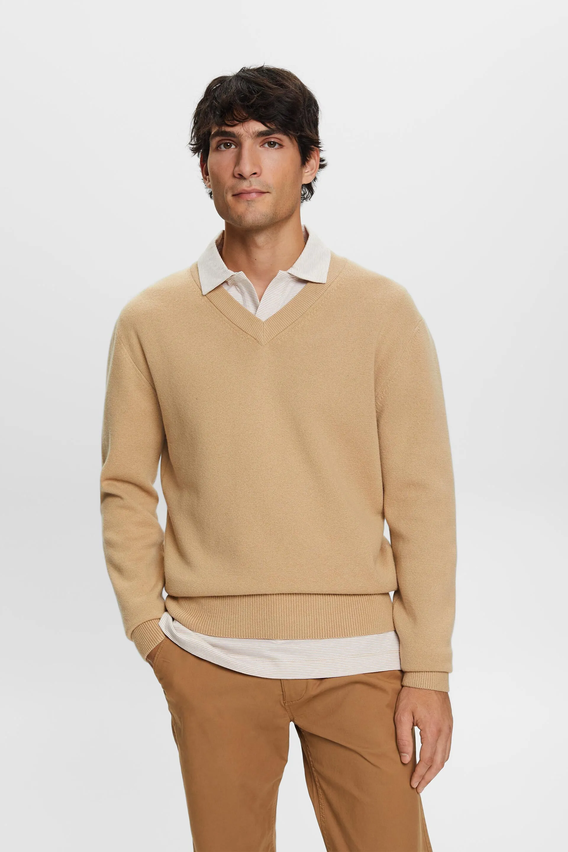 Maglia basic con scollo a V, misto lana