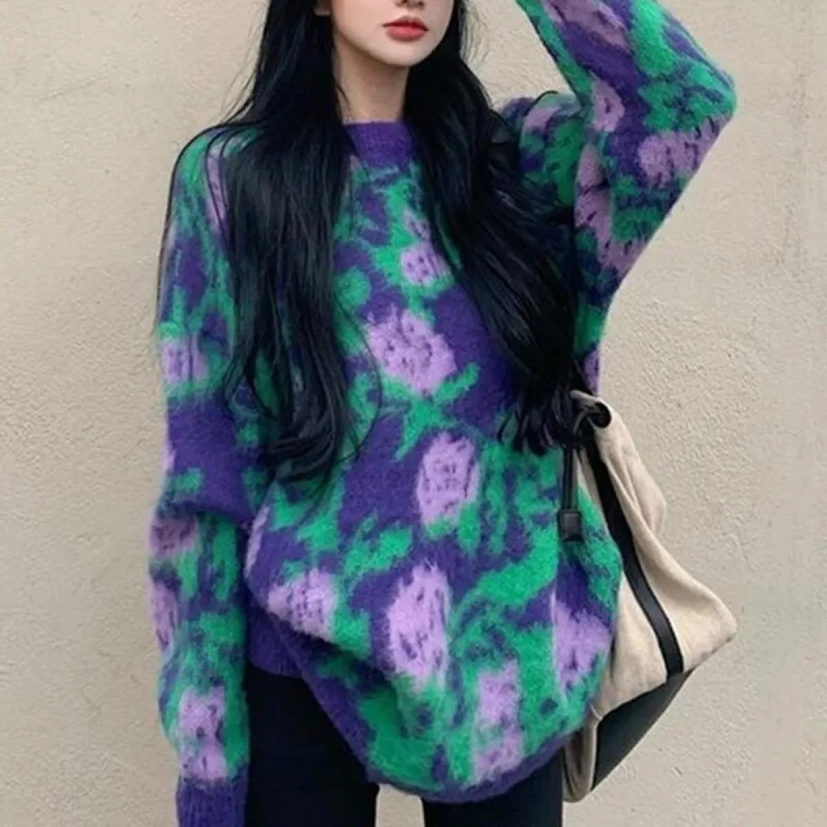 Maglione ampio da donna Autunno Inverno 2023 Nuovo maglione girocollo vintage rosa viola
