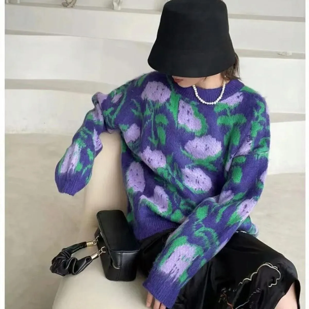Maglione ampio da donna Autunno Inverno 2023 Nuovo maglione girocollo vintage rosa viola