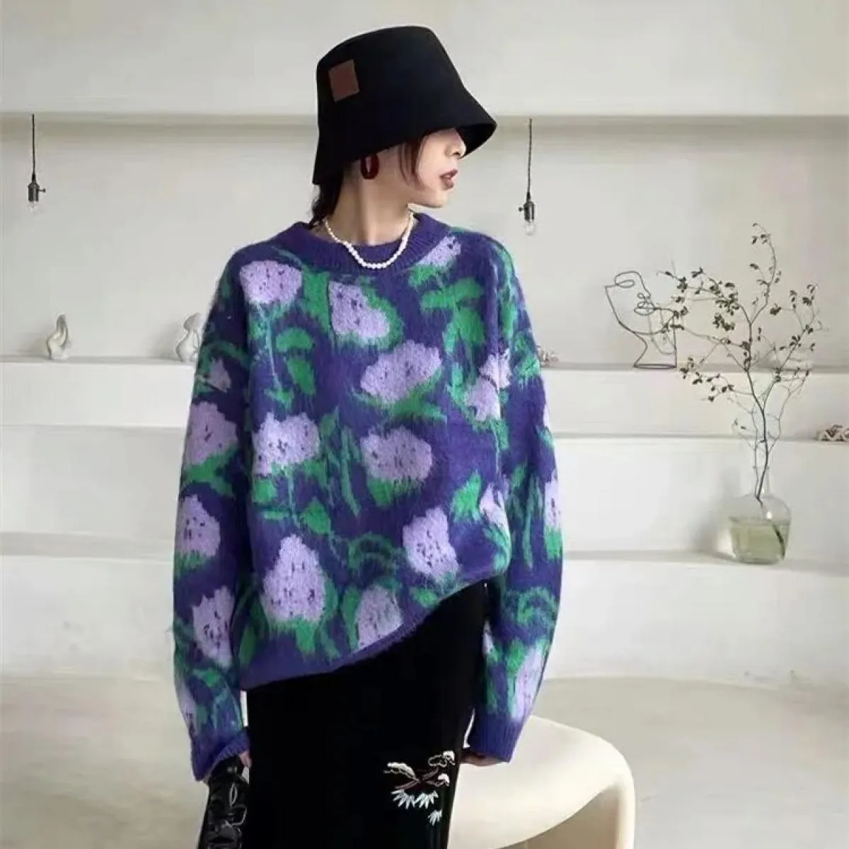 Maglione ampio da donna Autunno Inverno 2023 Nuovo maglione girocollo vintage rosa viola