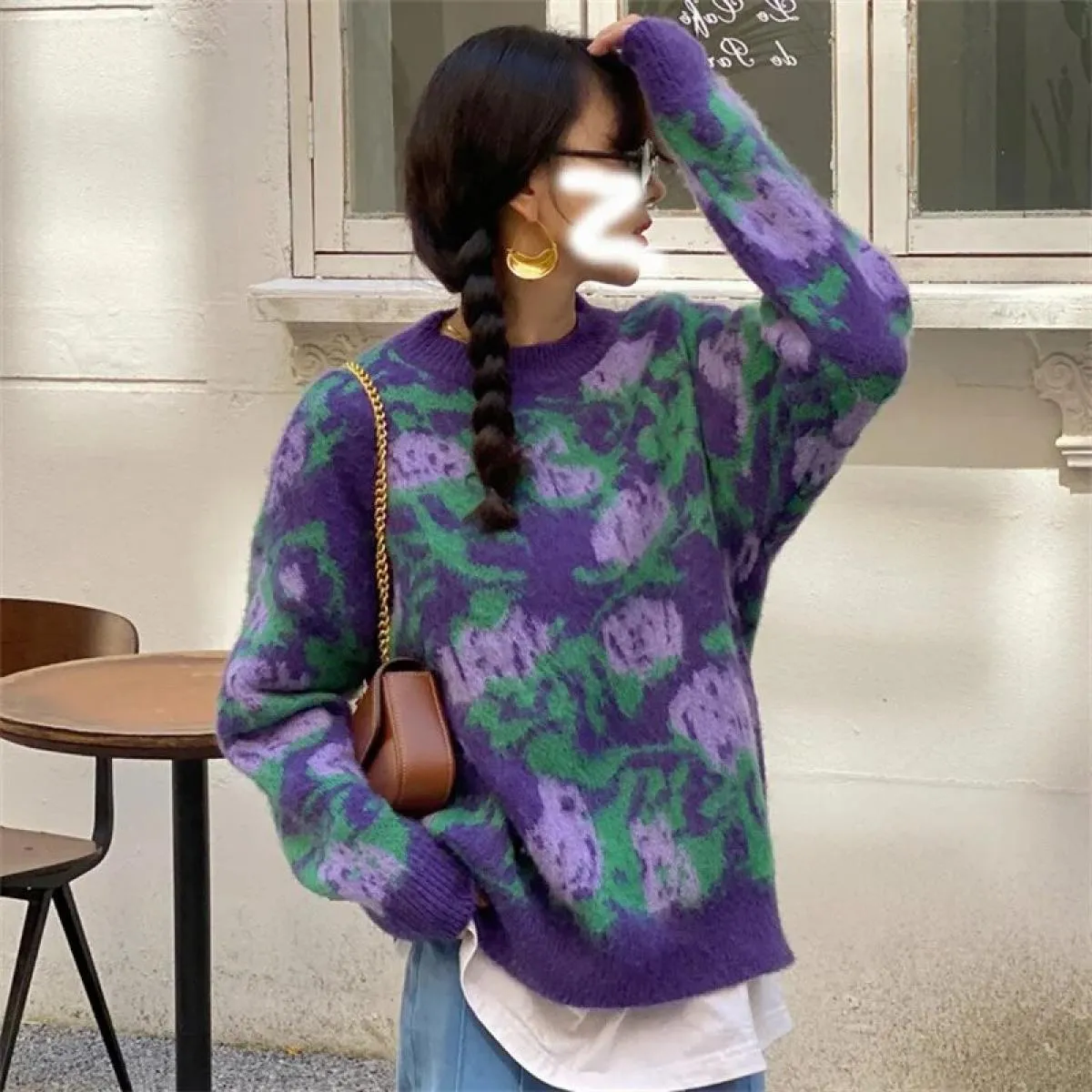 Maglione ampio da donna Autunno Inverno 2023 Nuovo maglione girocollo vintage rosa viola