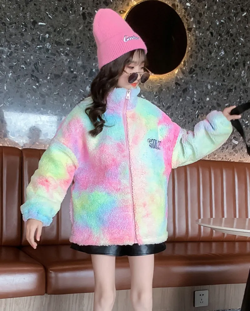 Maglione tie-dye per ragazze Nuovo maglione in pile di agnello per bambini