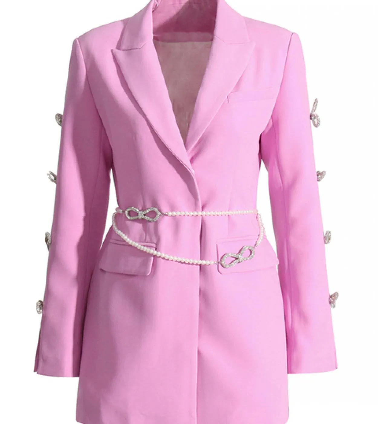 Mini abito con scollo a V e scollo a V a maniche lunghe con scollo a V e diamanti rossi con cintura di perle