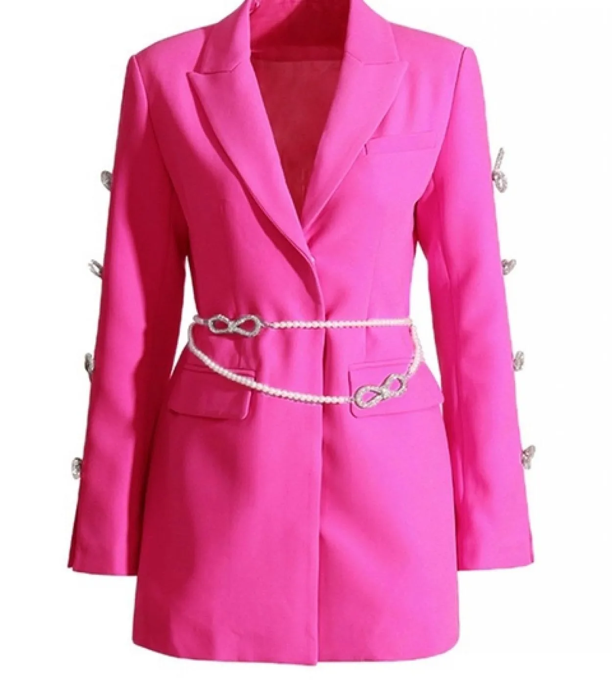 Mini abito con scollo a V e scollo a V a maniche lunghe con scollo a V e diamanti rossi con cintura di perle