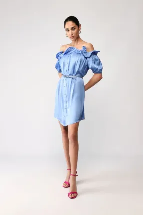 Mini abito con scollo alla Bardot con volant e cintura