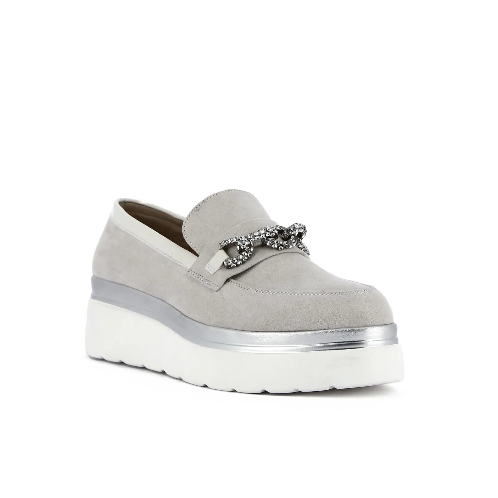 Mocassini casual beige con suola platform e morsetto con cristalli