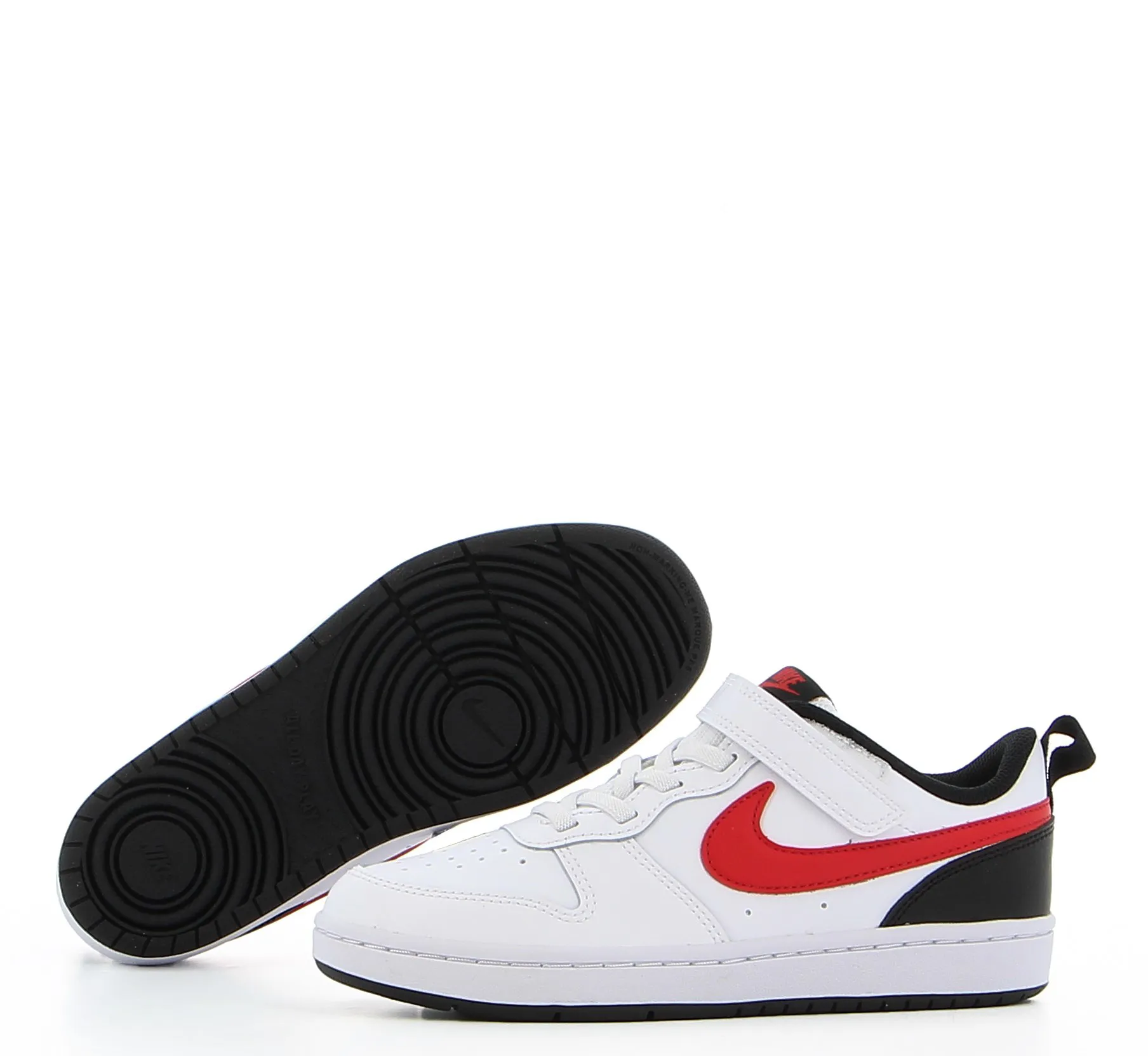 NIKE - Sneakers da bambino in VERA PELLE bianca e nera con dettagli rossi e strappo, numerata 28/35 - COURT BOROUGH LOW 2 PS    