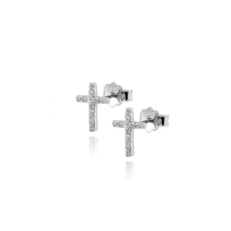 ORECCHINI CROCE IN ARGENTO RODIATO ORO BIANCO 18 KT CON ZIRCONI