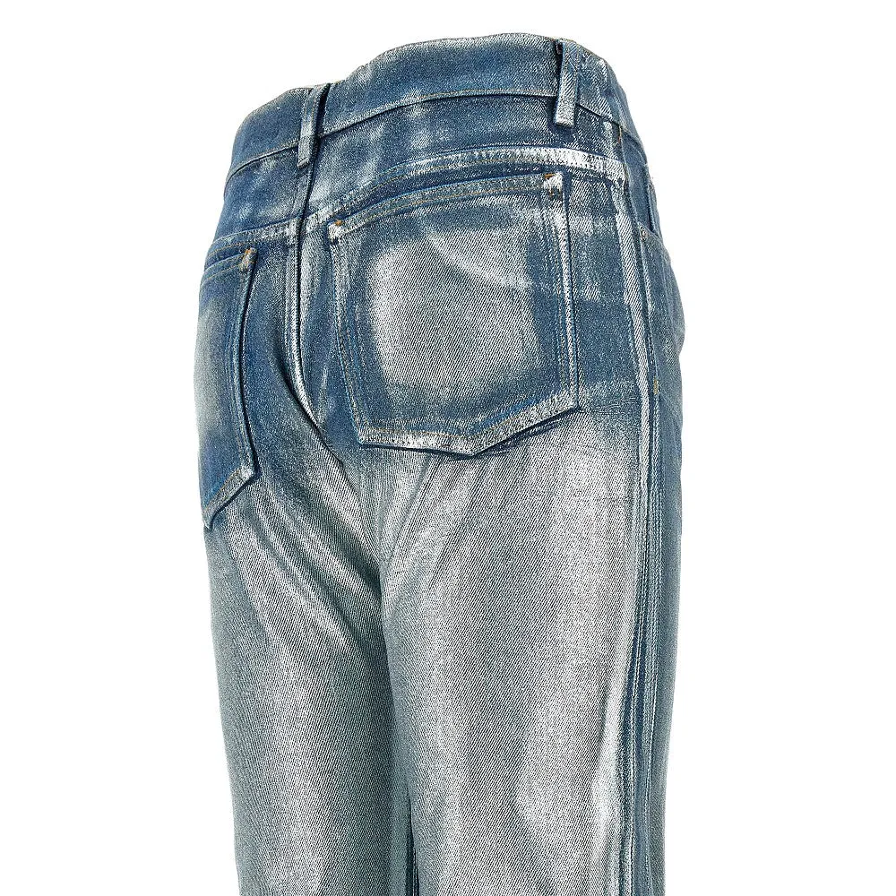Pantalone in denim spalmato metallizzato