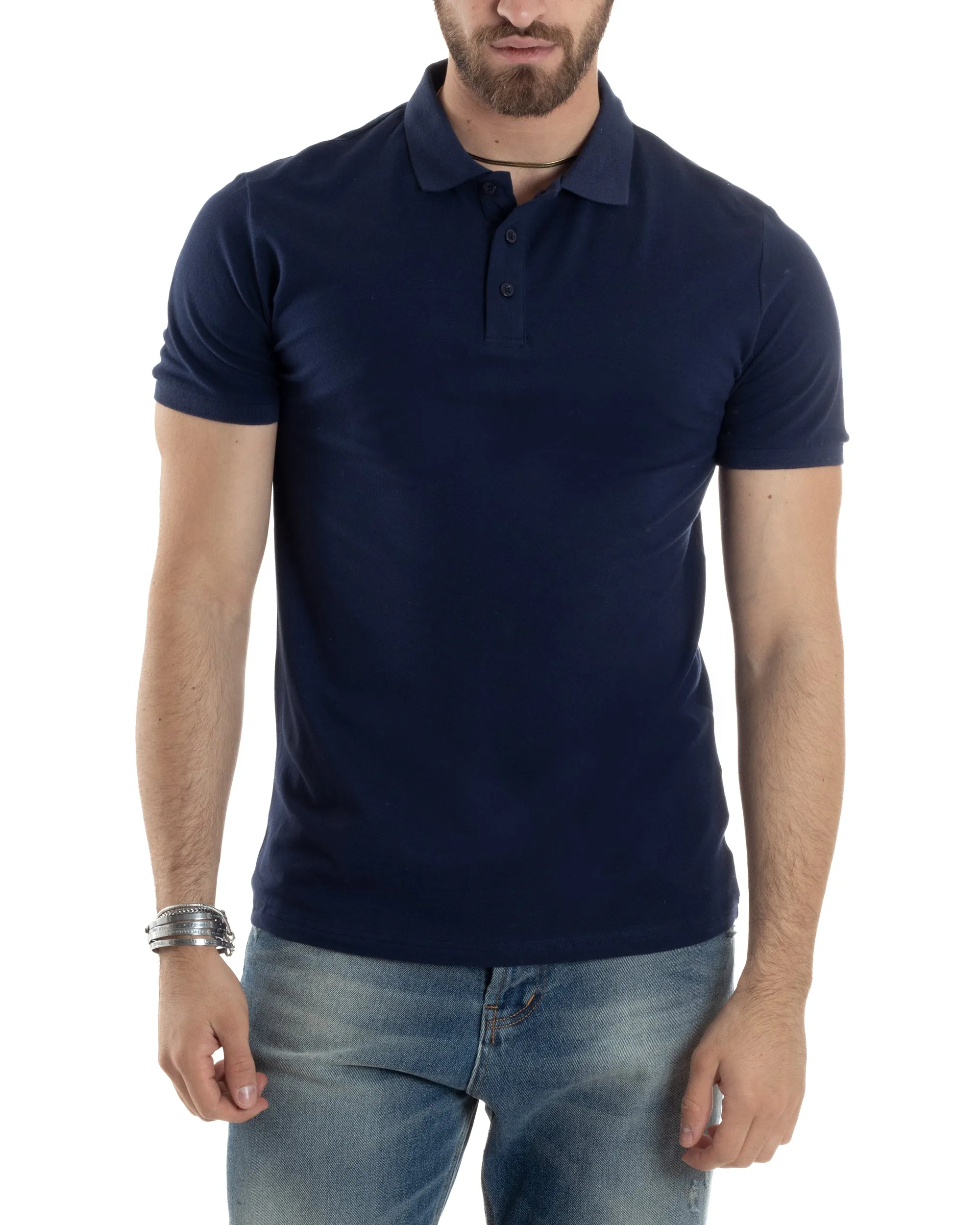 Polo Uomo Manica Corta T-shirt Con Colletto Bottoncini Basic Slim Fit Casual Tinta Unita Blu GIOSAL-TS3046A