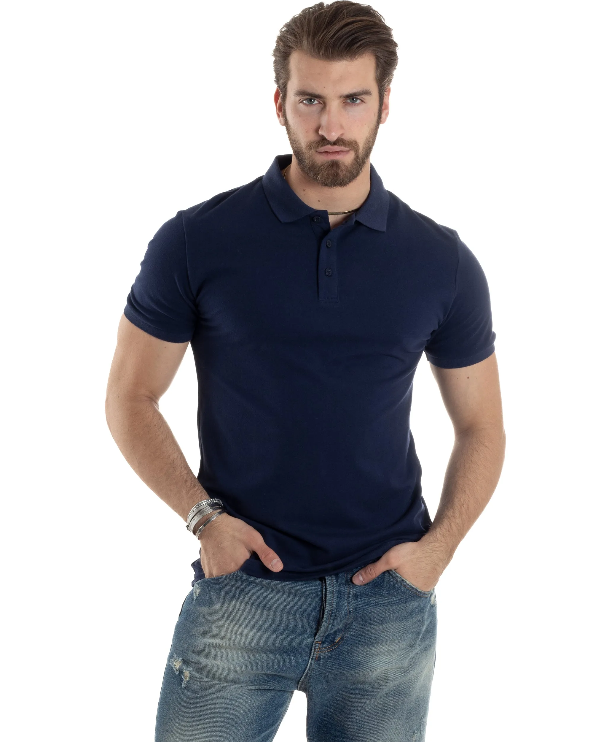 Polo Uomo Manica Corta T-shirt Con Colletto Bottoncini Basic Slim Fit Casual Tinta Unita Blu GIOSAL-TS3046A
