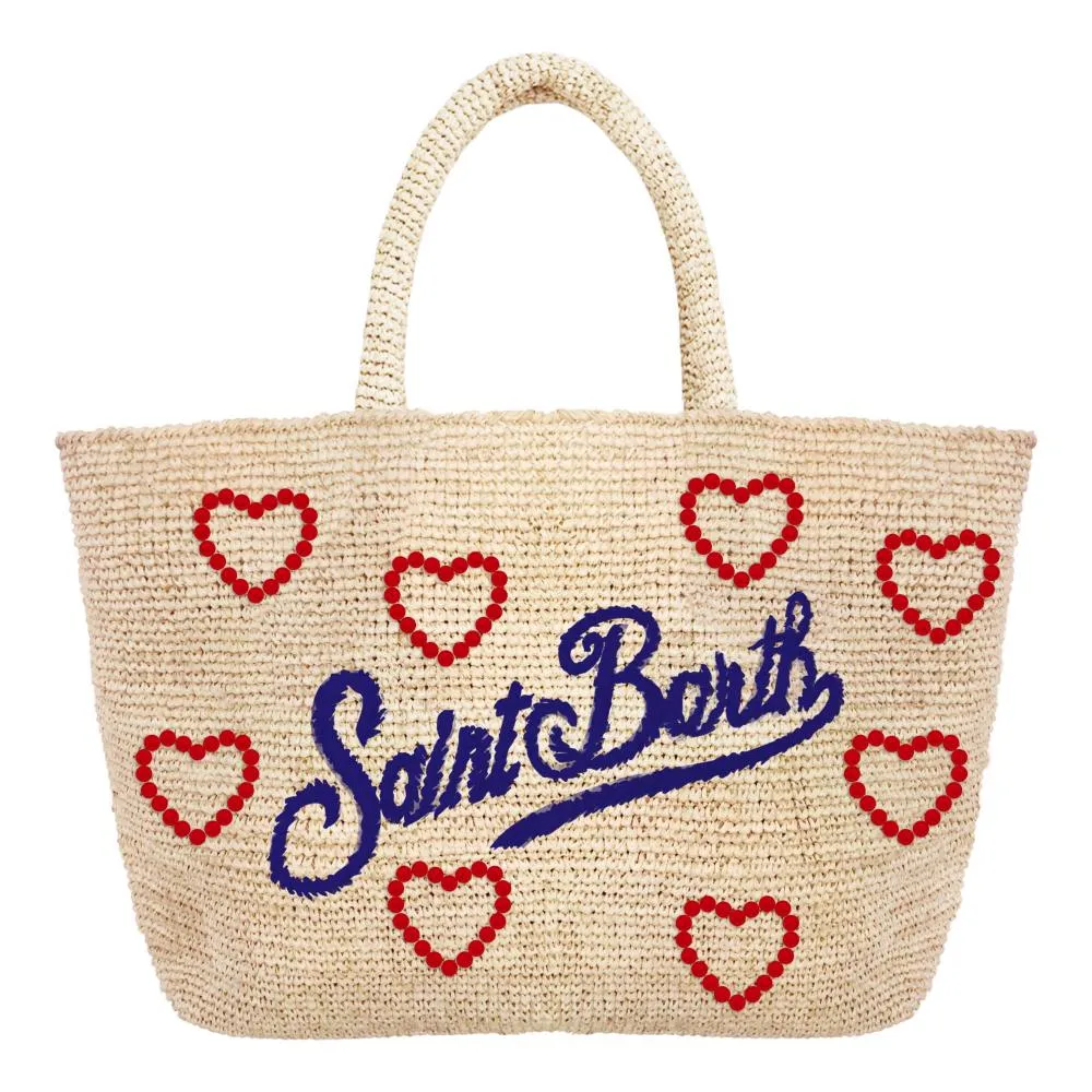 Raffia Midi Bag with Decorations / Beige