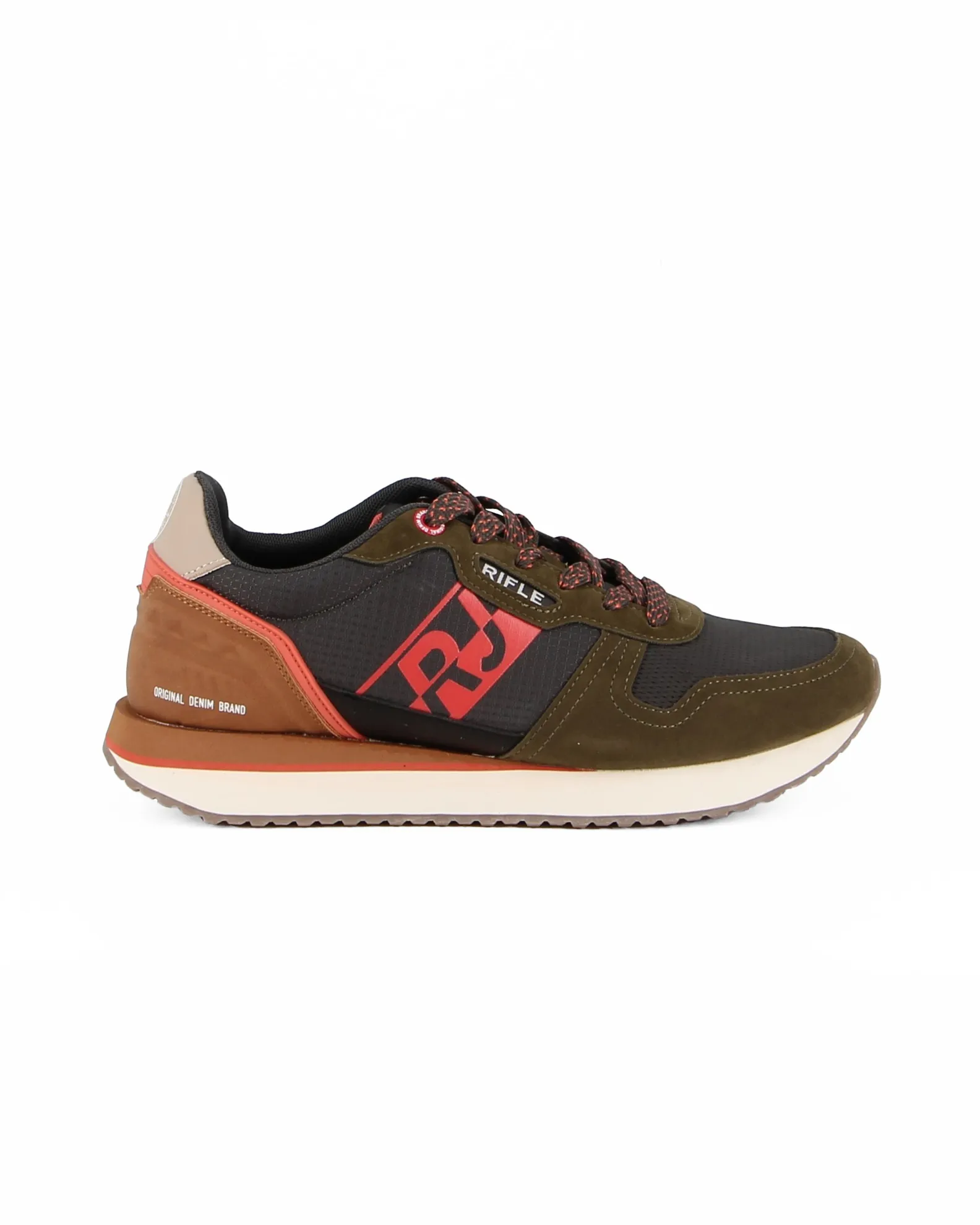 RIFLE - Sneaker verde e nera con inserti rossi e patch beige                                            Previous productRIFLE - 