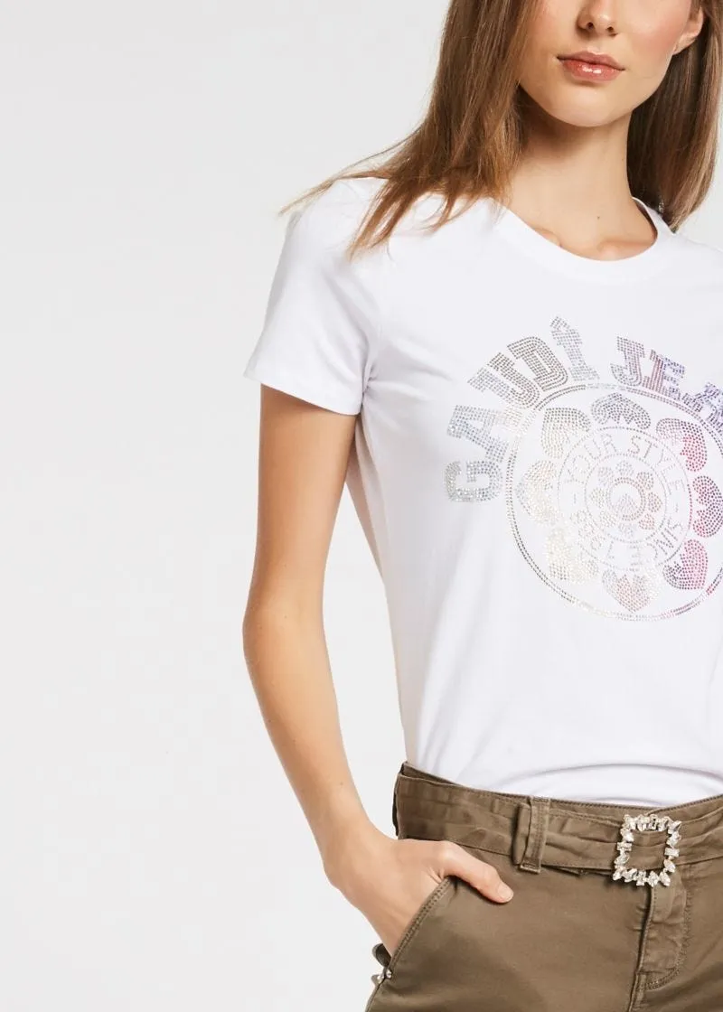 T-shirt con lettering in strass