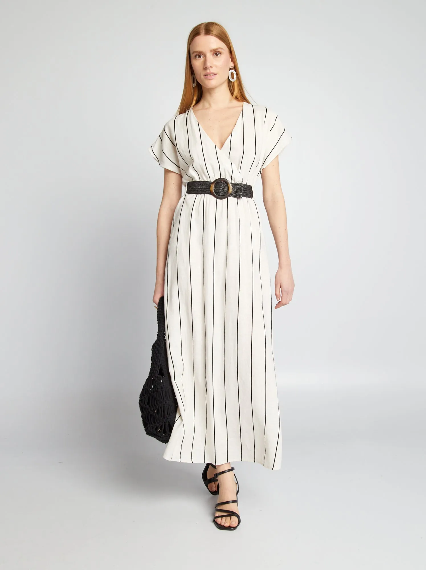 Vestito in misto lino a righe - BEIGE