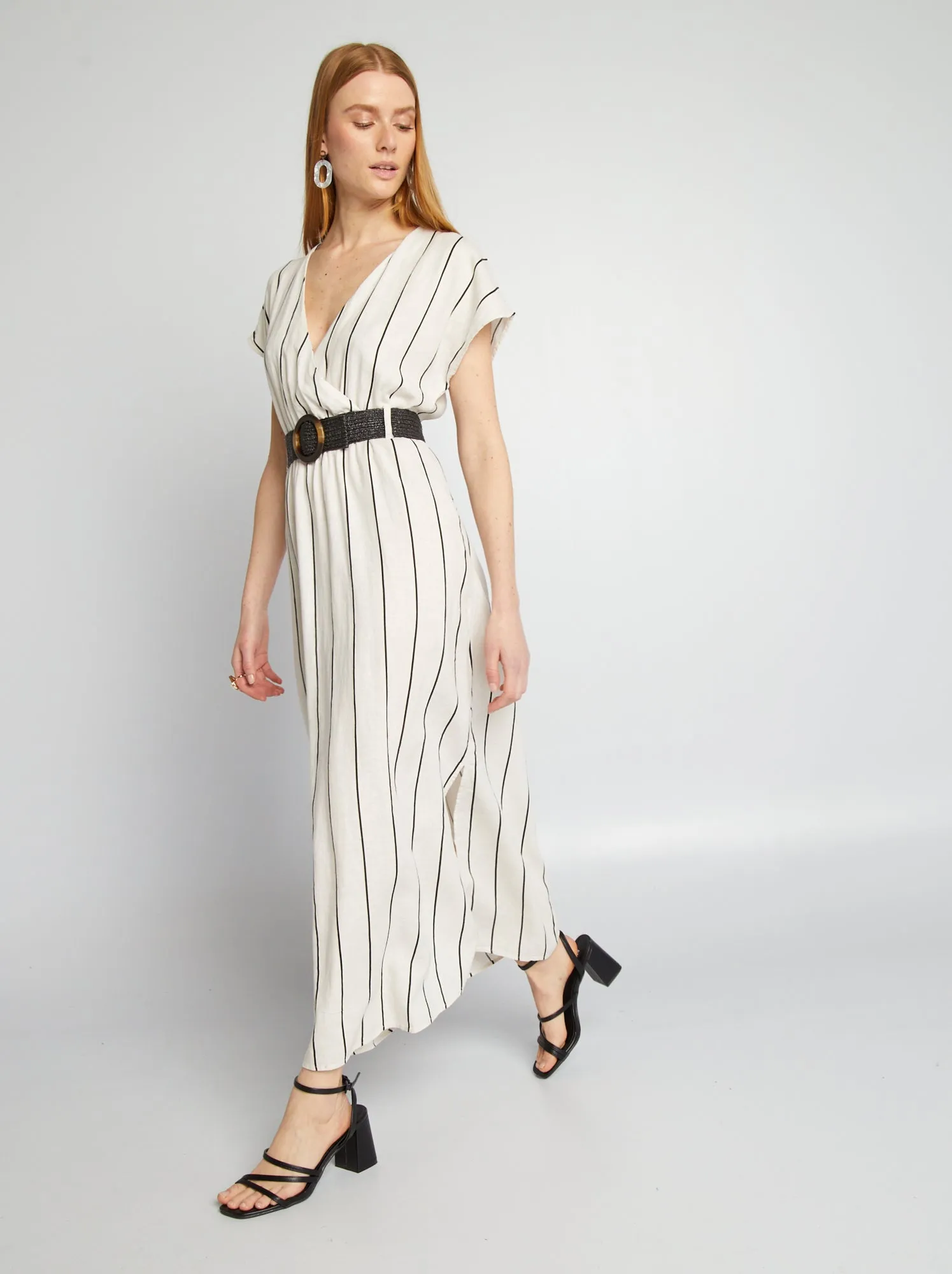 Vestito in misto lino a righe - BEIGE